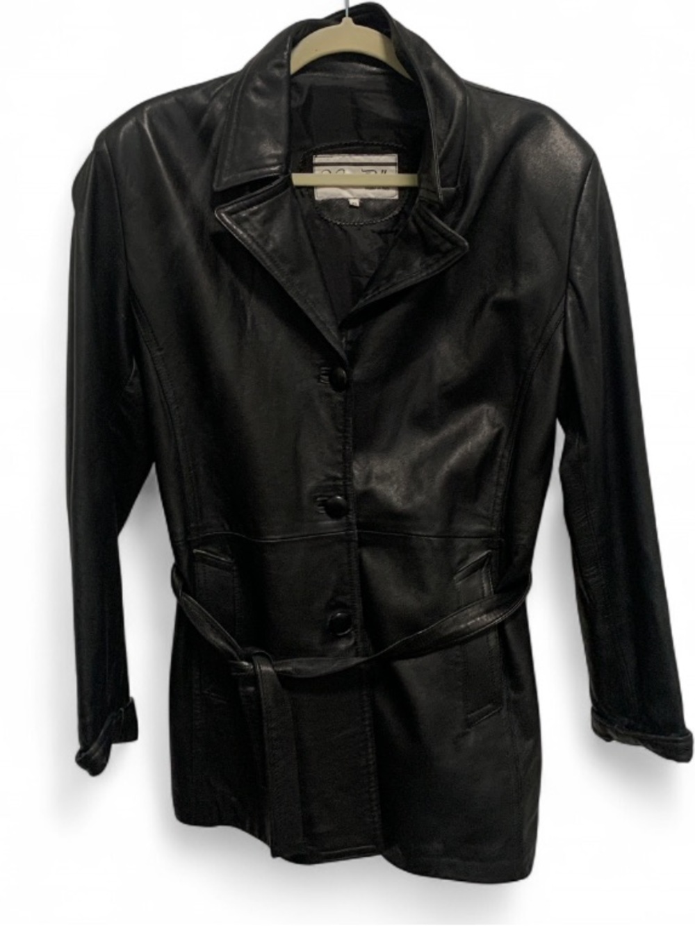 Vintage Vera Pelle Made in Italy Black Leather Button-Front Belted Jacket